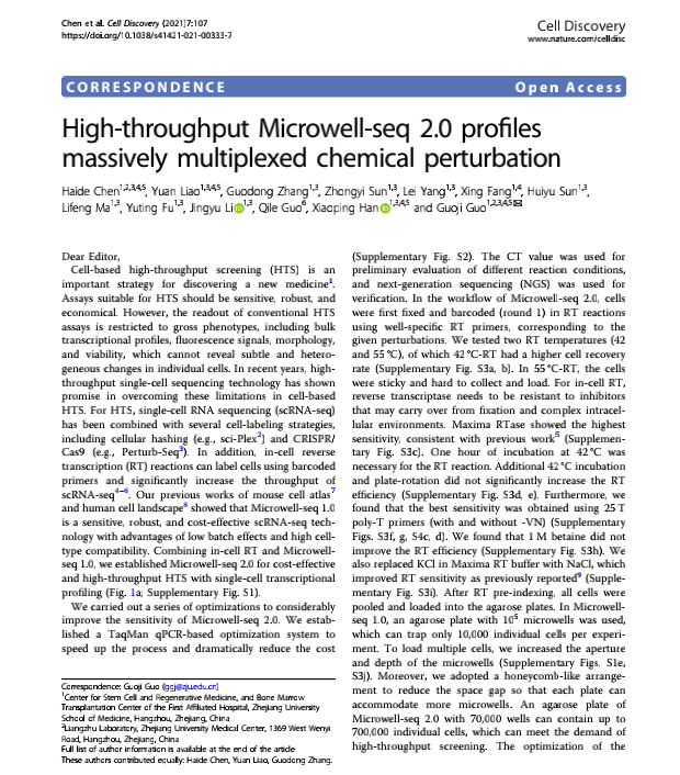 High-throughput Microwell-seq 2.0 profiles massively multiplexed chemical perturbation