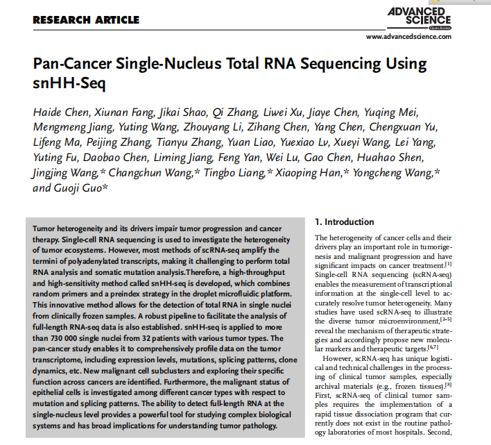 Pan-Cancer Single-Nucleus Total RNA Sequencing Using snHH-Seq